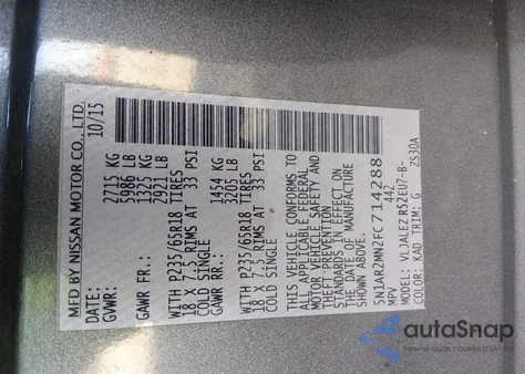 2015 Nissan Pathfinder Sv из США, поврежденный, VIN 5N1AR2MN2FC714288